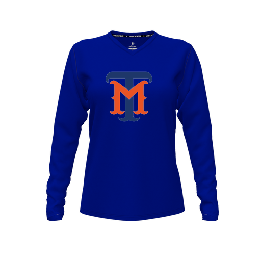 [CUS-DFW-TEES-CMF-VNK-LSL-RYL-FYXS-LOGO1] Decker Comfort T-Shirt (Female Youth XS, Royal, V Neck, Logo 1, Long Sleeve)