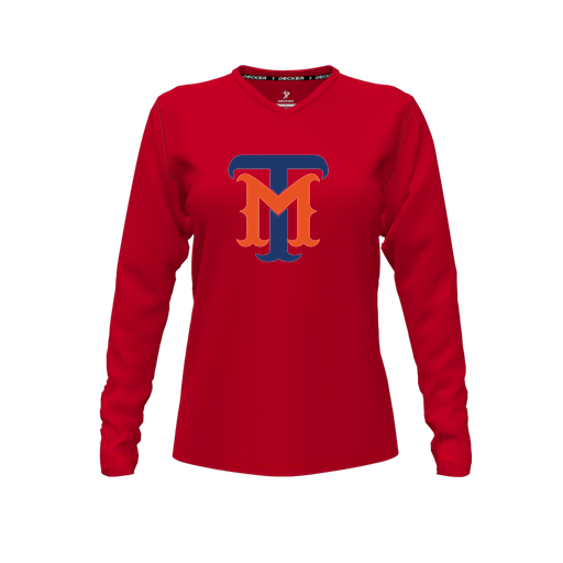 [CUS-DFW-TEES-PER-VNK-LSL-RED-FYXS-LOGO1] Decker Performance T-Shirt (Female Youth XS, Red, V Neck, Logo 1, Long Sleeve)